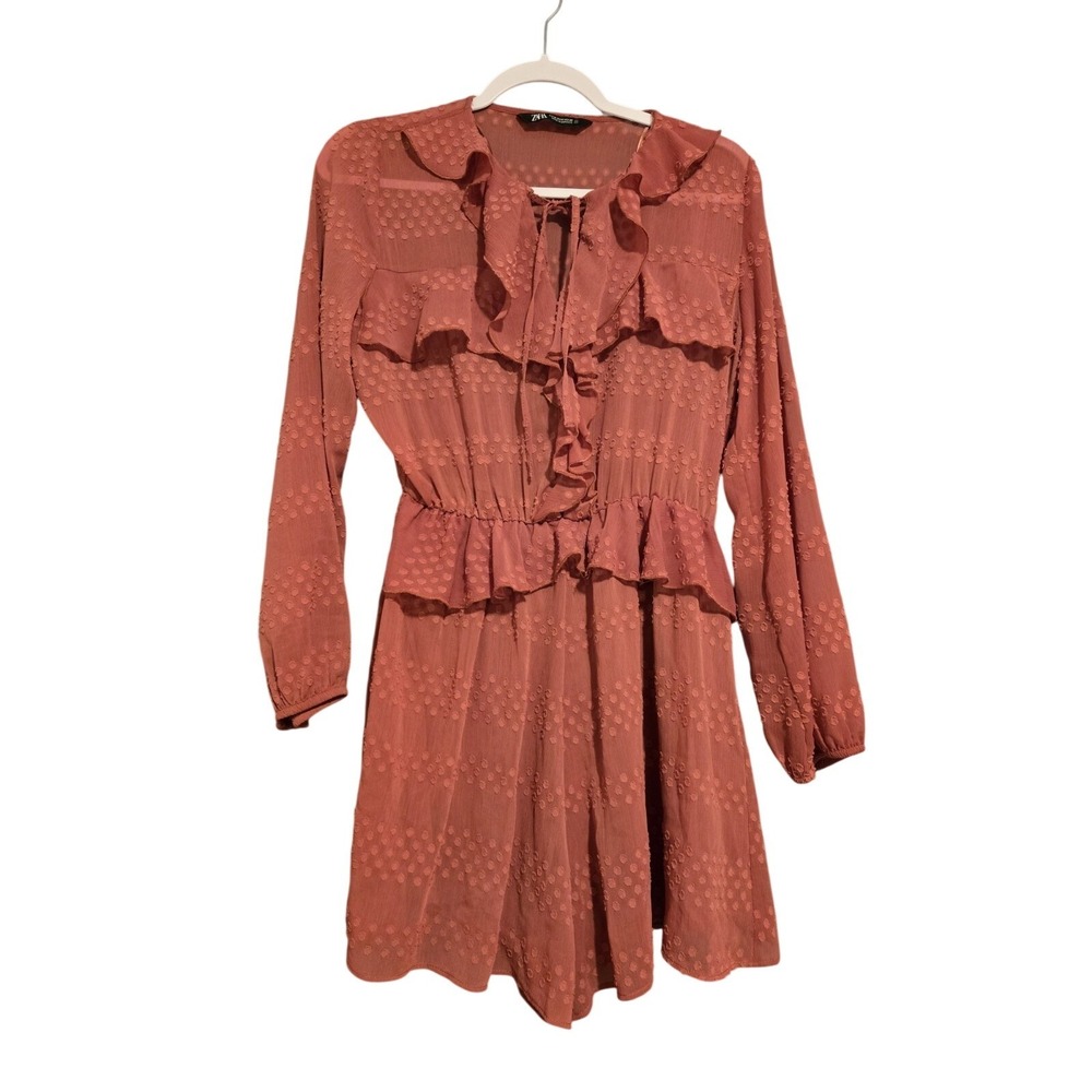 Zara Swiss Dot Ruffle Romper Long Sleeve Dusty Rose Terracotta Medium
